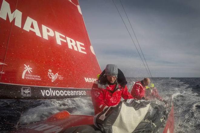 Onboard MAPFRE - Some spray on deck while doing the hard job of stacking sails - Leg five to Itajai -  Volvo Ocean Race 2015 © Francisco Vignale/Mapfre/Volvo Ocean Race